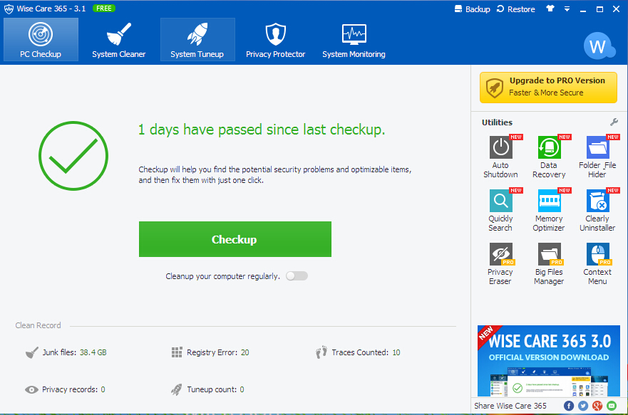 Wise Care 365 Pro(智能系统优化工具) v3.11 绿色版